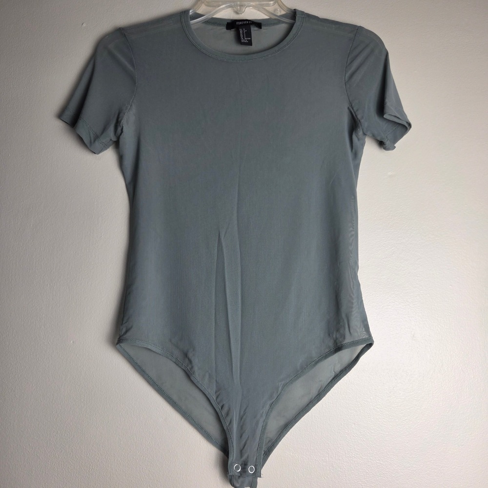 Forever 21 Womens Short Sleeve Sheer Mesh Bodysuit Sage Green Small
